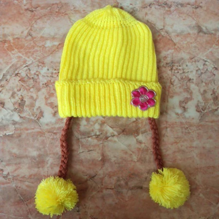 Topi Rajut Kepang Anak Bunga - Kuning